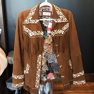 Tasha Polizzi Brown Leather Jacket with White Accents